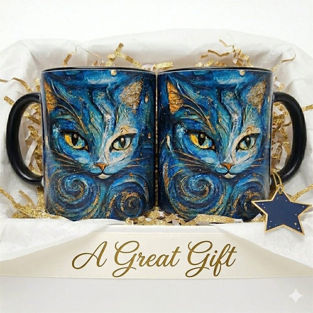 Starry Night Cosmic Cat Mug – Artistic Feline Gift Coffee Cup NIB - Picture 3 of 11